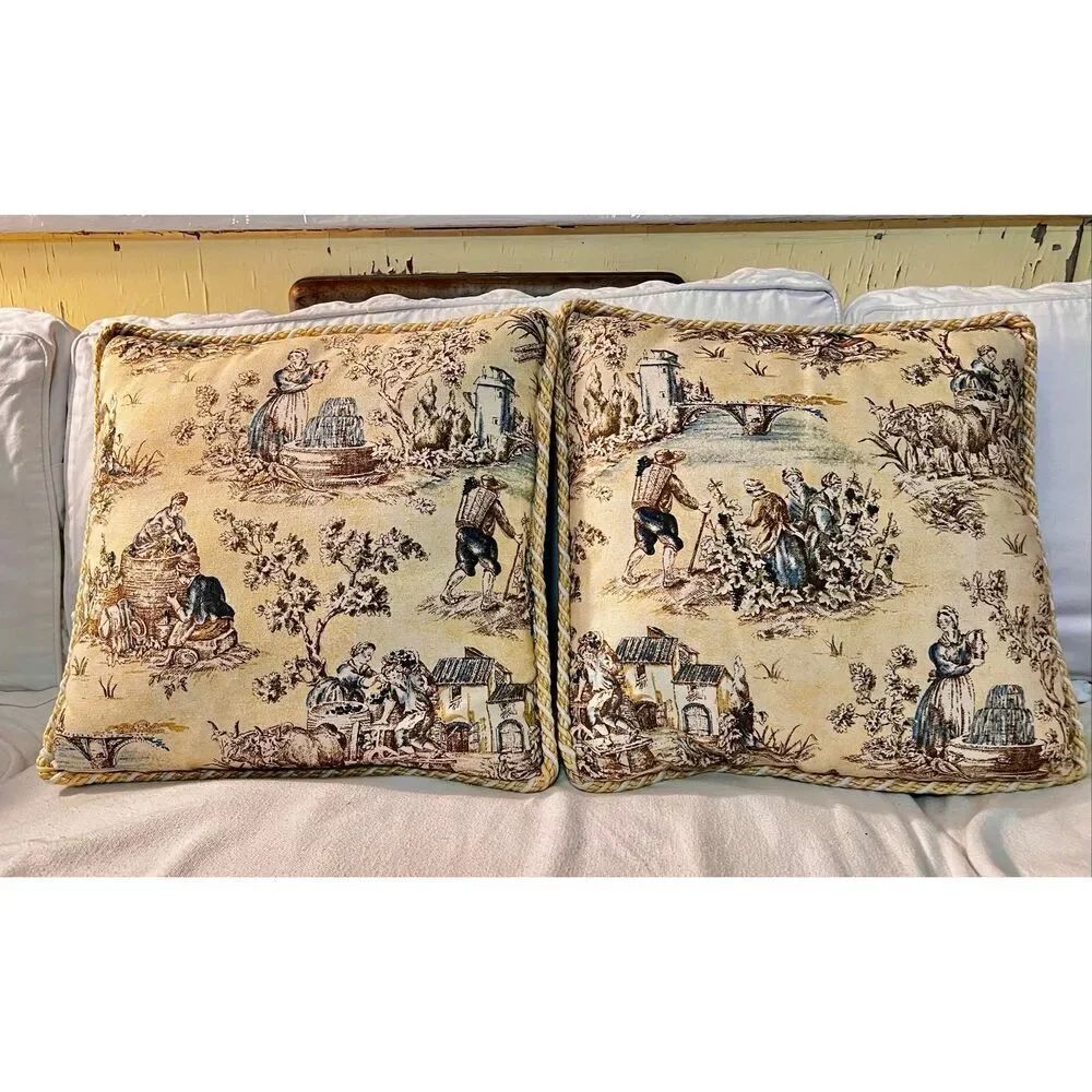 French Country Cottage Pillow Farmhouse Yellow Ivory Blue Brown Toile